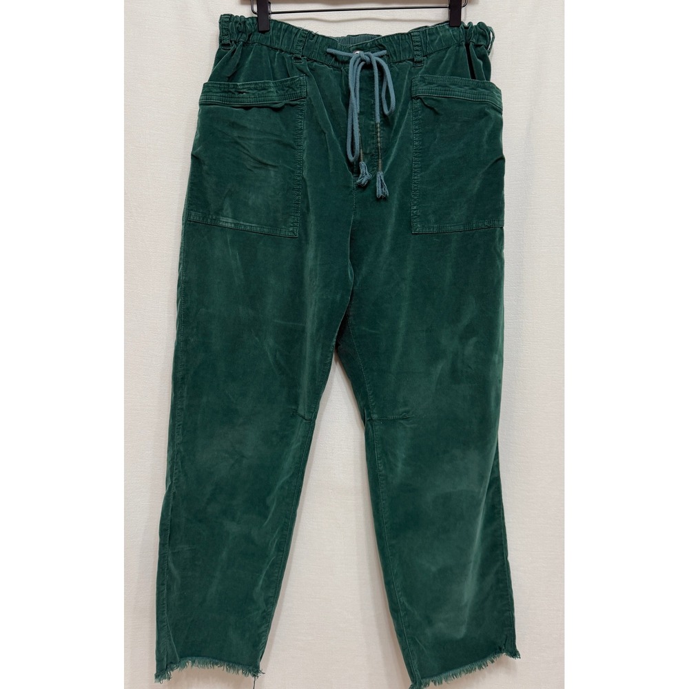 Free People Women's Corduroy Pants Green High Rise Raw Hem Boho Utility Trousers